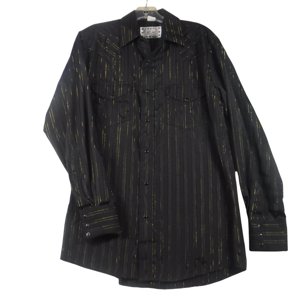 Vtg Crazy Cowboy Mens Western Shirt Black Gold Metallic Pinstripe Snap Front M